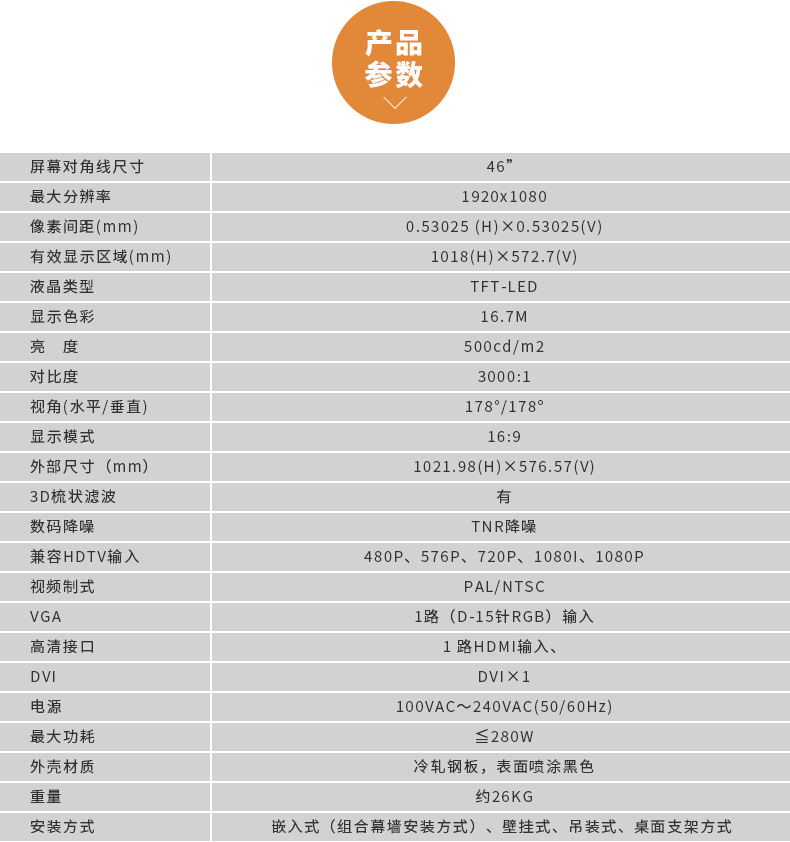 原裝工業液晶拼接屏三星LG46寸電視墻無縫顯示大屏產品參數